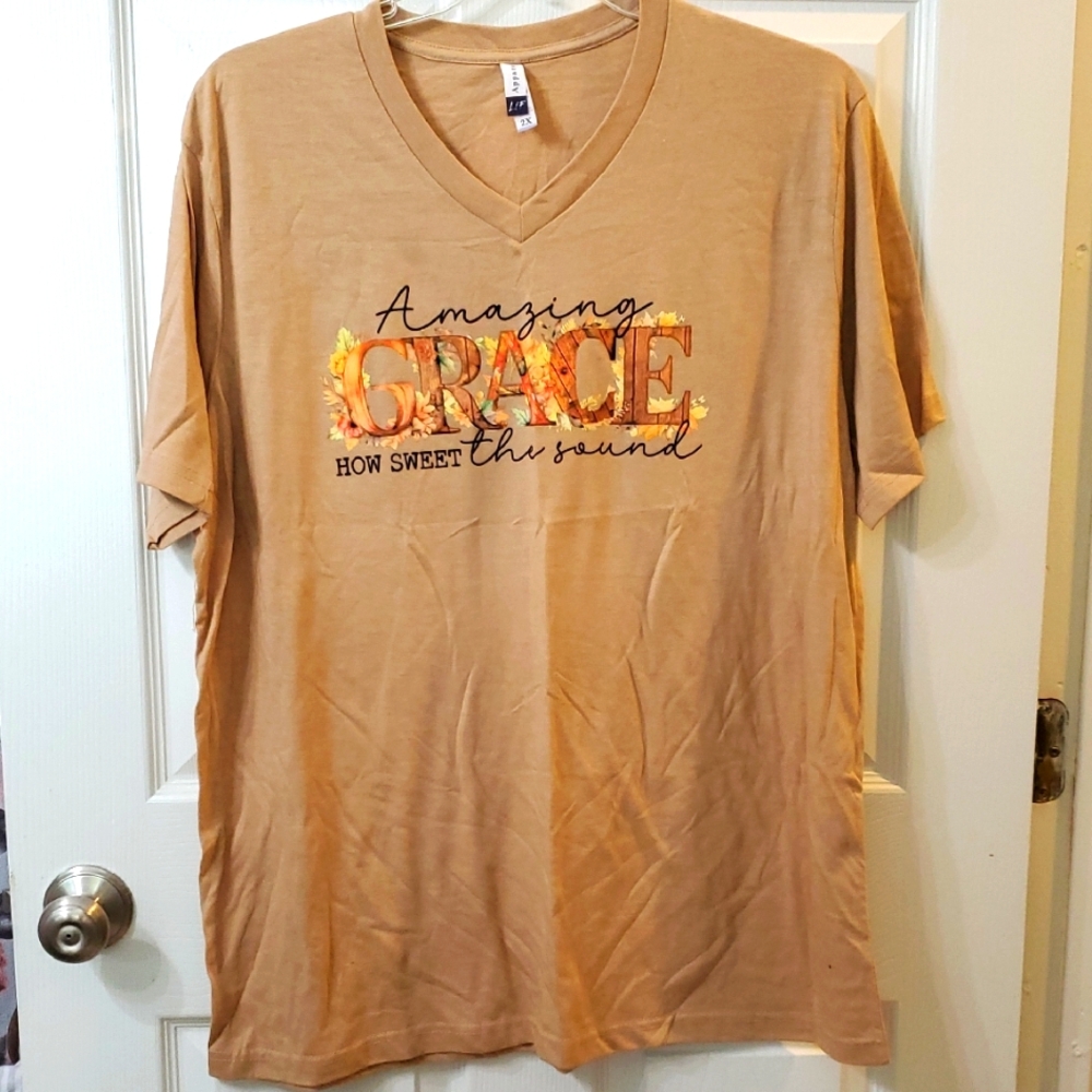 Tan V-Neck T-Shirt with 'Amazing Grace' Print 2X
